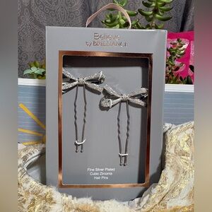 Believe by Brilliance Women's Fine Silver Plated &Genuine CZ Bow Motif Hair Pins